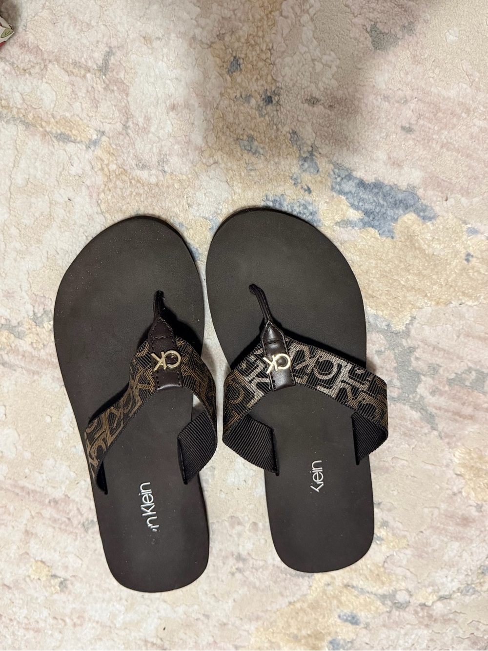 Calvin Klein Black and Brown Logo Thong Sandals for Women